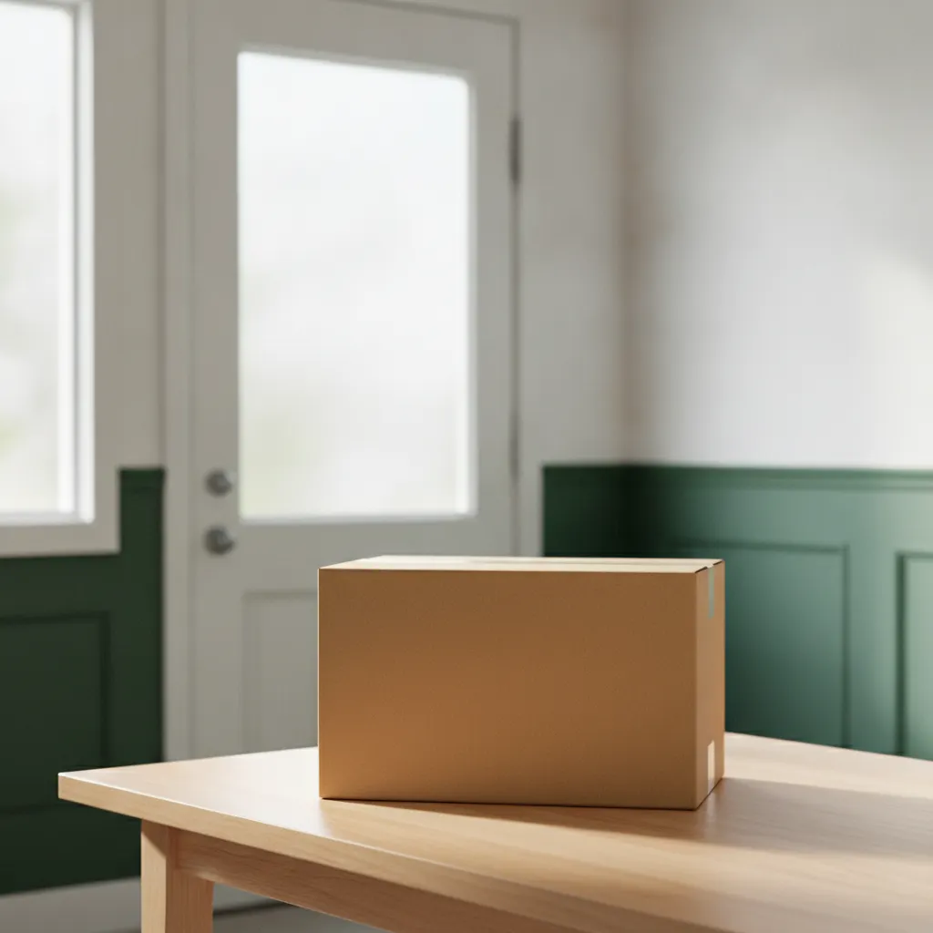 A neatly packaged kraft parcel box on a table near a bright front door, no text