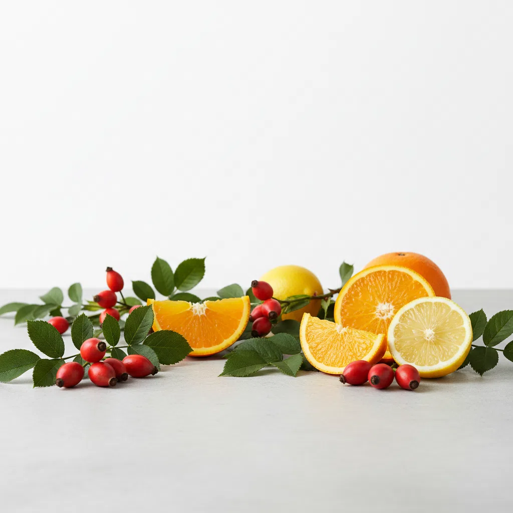 Fresh rosehips and oranges arranged on a light stone surface, natural still life