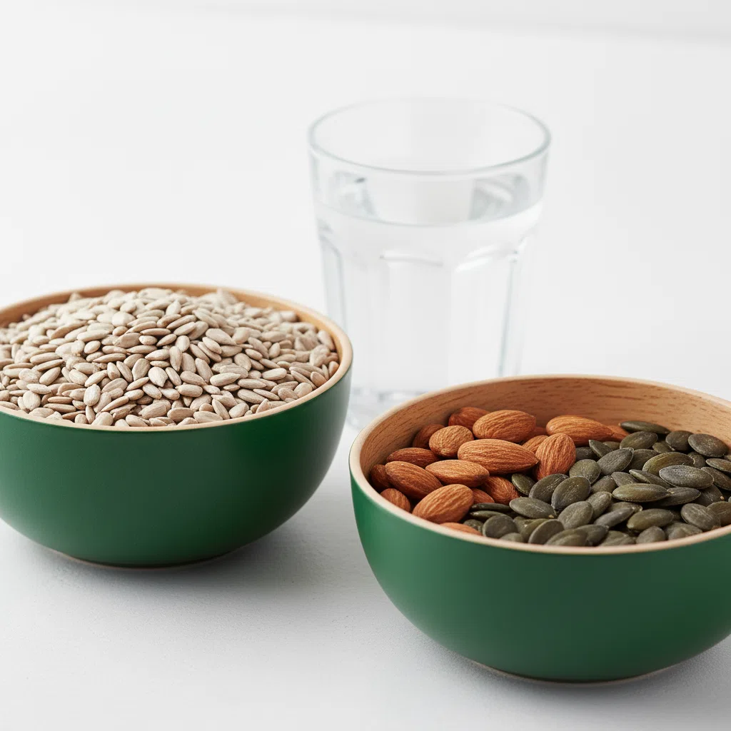 Wooden bowl of almonds and pumpkin seeds on a kitchen table beside a glass of water