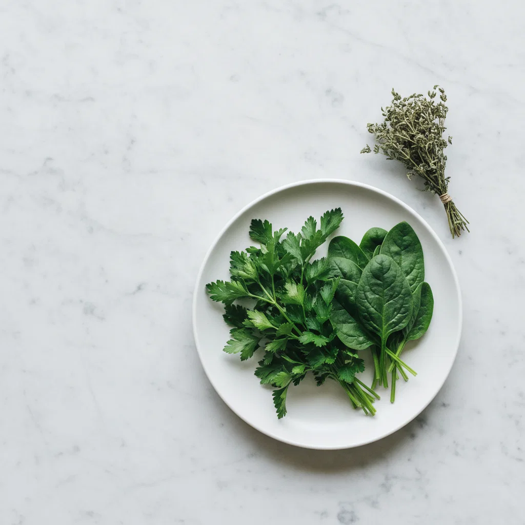 Green leaves and herbs on a white ceramic plate, natural still life, no text