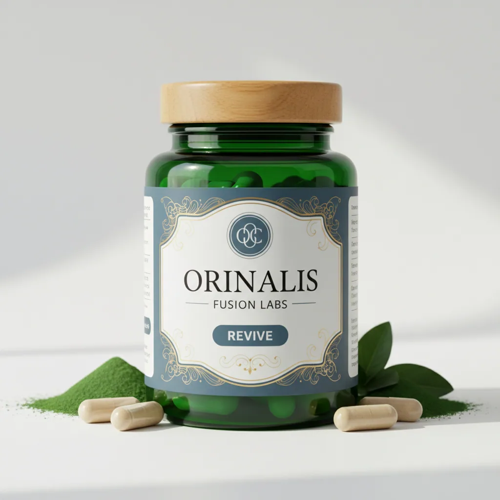 Orinalis Fusion Labs dark green glass supplement jar with silver lid, studio product shot